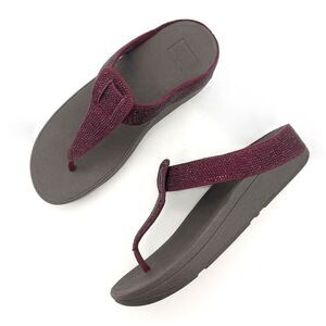 FitFlop Lulu Sandals Size 10 Burgundy Glitter Crystal Wedge Flip Flops Comfort